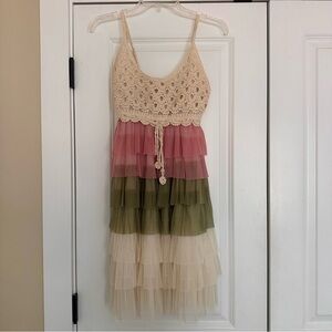 Crochet Bodice Tiered Ruffle Sundress in Cream, Pink & Olive